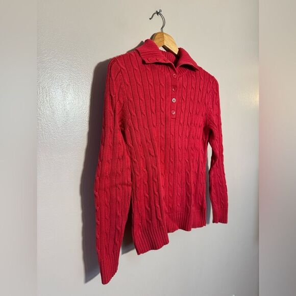 SALE! Pinkish Red Jones New York Collared Cable Knit Sweater Size SP EUC - Picture 3 of 5